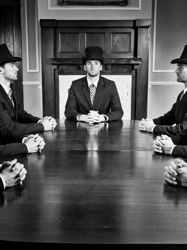 A black-and-white image of identical men in suits and top hats sitting around a formal conference table.